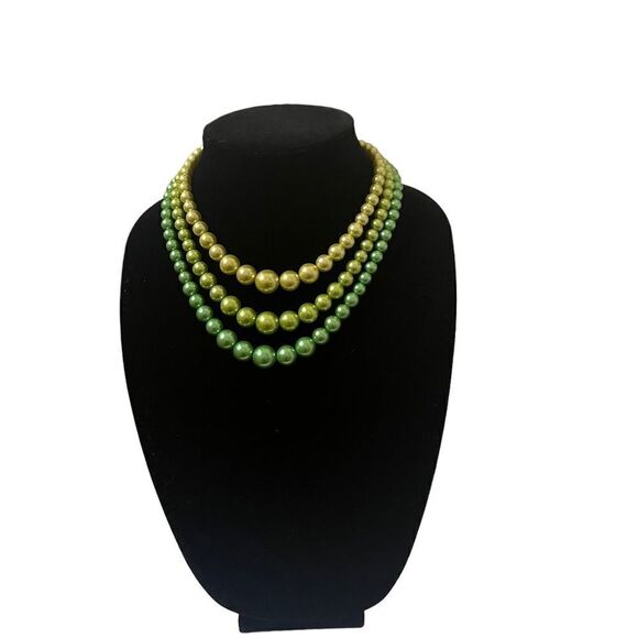 Vintage Lime Green and Light Green Three Tier Faux Pearl Necklace - Picture 1 of 5